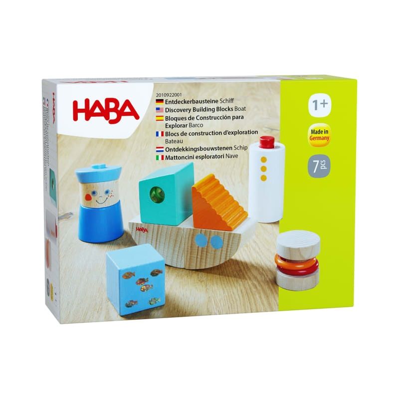 HABA Discovery Building Blocks Boat, ab 1 Jahr, bunte Holzbausteine auf der Verpackung abgebildet. HABA Discovery Building Blocks Boat, ab 1 Jahr, bunte Holzbausteine auf der Verpackung abgebildet.