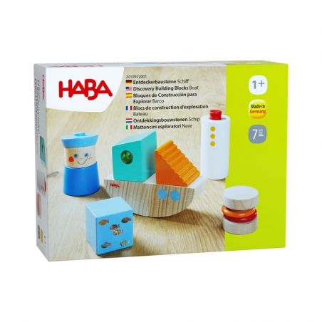 HABA Discovery Building Blocks Boat, ab 1 Jahr, bunte Holzbausteine auf der Verpackung abgebildet. HABA Discovery Building Blocks Boat, ab 1 Jahr, bunte Holzbausteine auf der Verpackung abgebildet.
