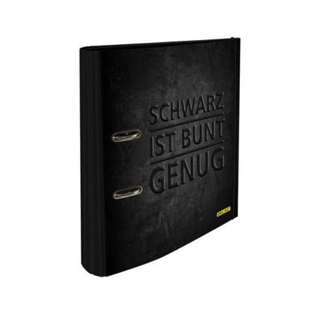 Schwarzer Ordner mit geprägtem Schriftzug "Schwarz ist bunt genug" auf dem Cover, schräg betrachtet.