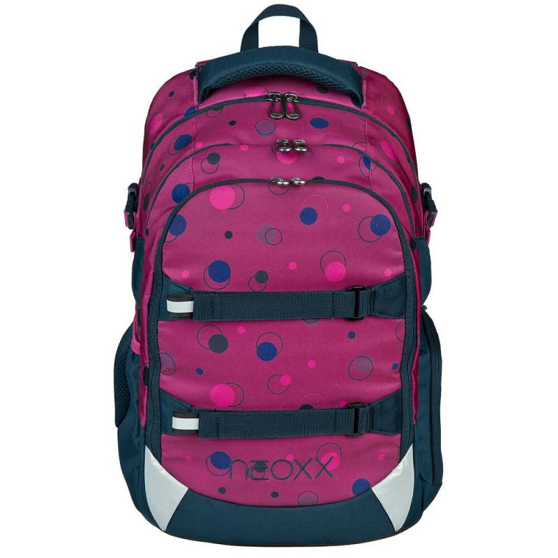 Rosa-blauer Rucksack mit Kreismustern und mehreren Reißverschlussfächern.