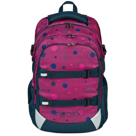 Rosa-blauer Rucksack mit Kreismustern und mehreren Reißverschlussfächern.