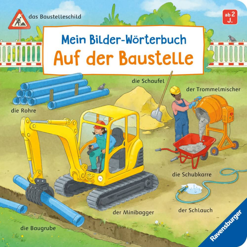 Bauplatz-Illustration mit beschrifteten Elementen: Rohre, Bagger, Arbeiter, Betonmischer, Schubkarre und Schaufel.