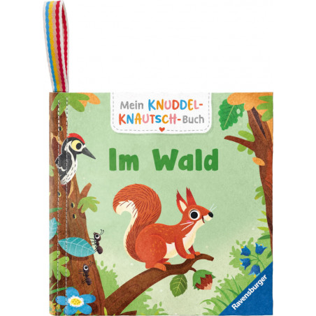 Kinderbuch Im Wald mit Illustrationen von Eichhörnchen, Specht und Insekten im Wald.