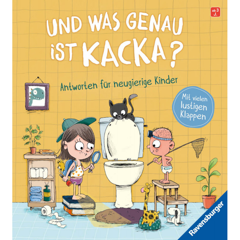 Karikatur: Zwei Kinder und eine Katze im Bad auf dem Cover des Ravensburger Pappbilderbuchs Und was genau ist Kacka?.