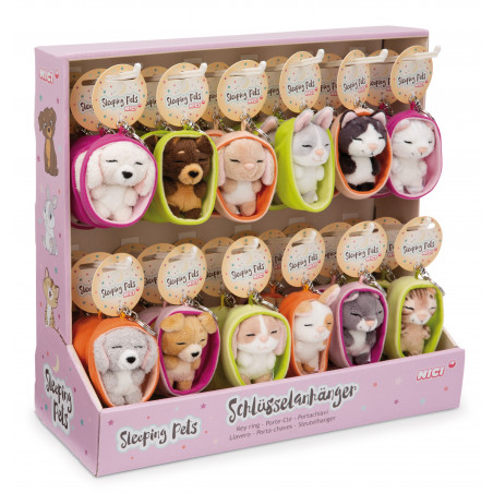 Displaybox mit Plüsch-Tier-Schlüsselanhängern in Reißverschlussetuis, beschriftet mit Sleeping Pets.