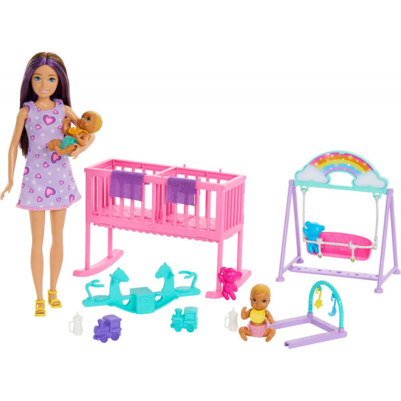 Mattel Barbie Skipper Zwillings-Kinderzimmer Spielset: Zwillings-Kinderzimmer mit rosa Bett, Spielzeug, Schaukel, Wippe und Spie