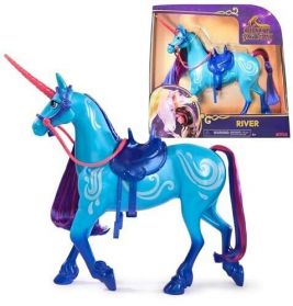 Die blaue Einhornfigur River mit pinker Mähne und Schweif vor ihrer Verpackung.
