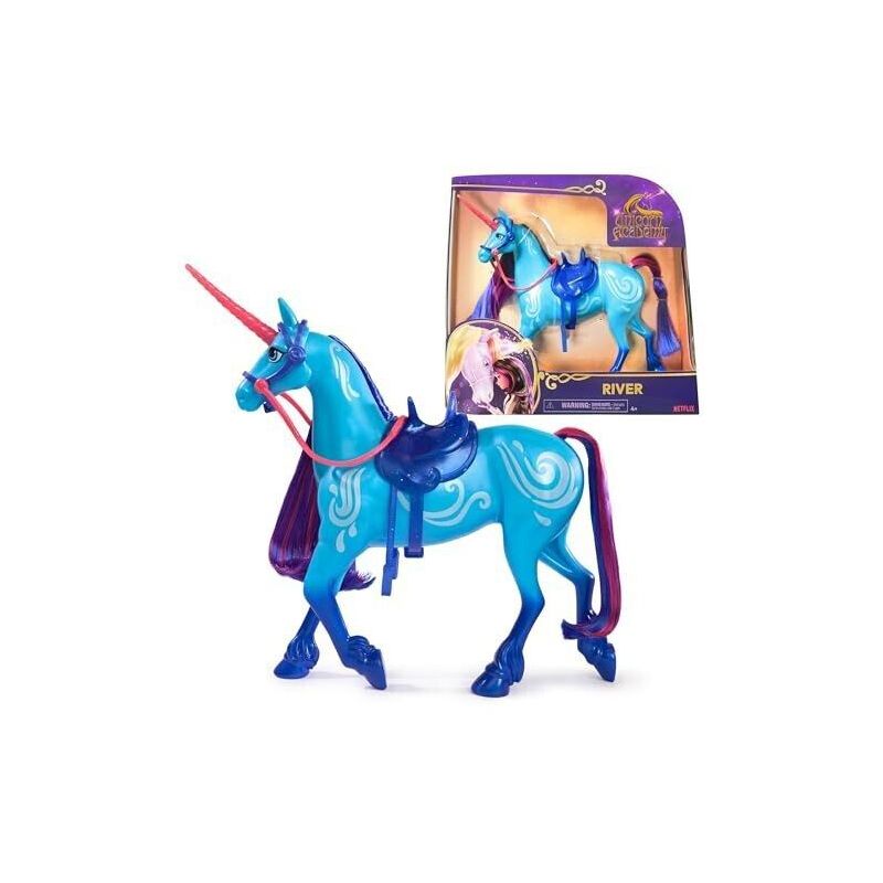 Die blaue Einhornfigur River mit pinker Mähne und Schweif vor ihrer Verpackung. Die blaue Einhornfigur River mit pinker Mähne und Schweif vor ihrer Verpackung.