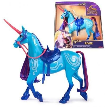 Die blaue Einhornfigur River mit pinker Mähne und Schweif vor ihrer Verpackung.