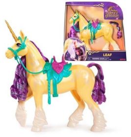 Gelbes Einhorn-Spielzeug mit lila Mähne, grünem Sattel, goldenem Horn, in lila-gelber Verpackung.
