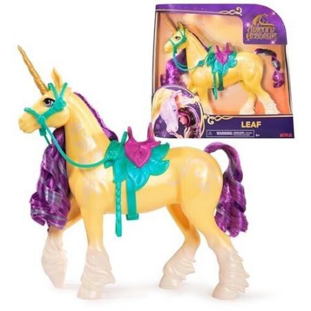 Gelbes Einhorn-Spielzeug mit lila Mähne, grünem Sattel, goldenem Horn, in lila-gelber Verpackung.