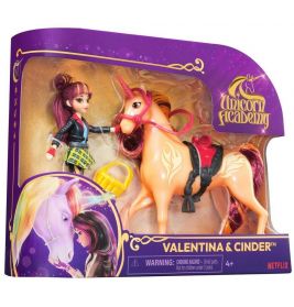 Unicorn Academy Spielset mit Valentina-Puppe, Cinder-Einhorn, Sattel und Zubehör in lila Verpackung.
