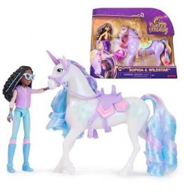 Puppe mit Brille und Einhornspielzeug mit pastellfarbenem Sattel neben Verpackung, die beide Figuren zeigt.