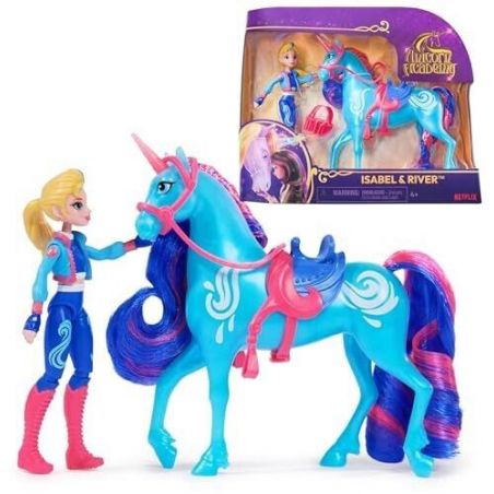 Puppe mit blondem Haar und blau-rosamem Anzug steht neben blauem Einhornspielzeug mit pinkem Sattel. Verpackung im Hintergrund.