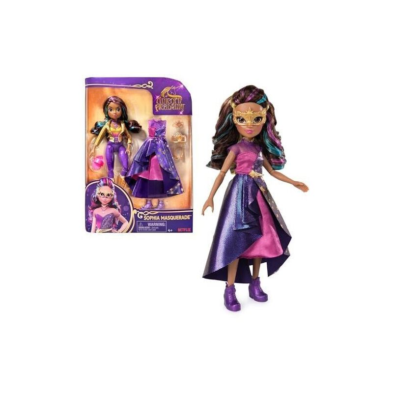 Prinzessinnenpuppe im lila Kleid mit Maske und passenden Schuhen, neben Verpackung und Zubehör abgebildet. Prinzessinnenpuppe im lila Kleid mit Maske und passenden Schuhen, neben Verpackung und Zubehör abgebildet.