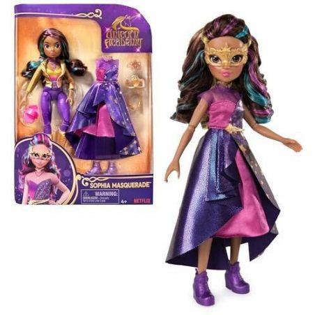 Prinzessinnenpuppe im lila Kleid mit Maske und passenden Schuhen, neben Verpackung und Zubehör abgebildet.