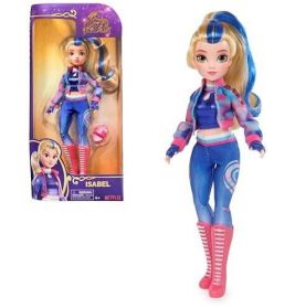 Puppe mit blond-blauen Haaren, blauem Outfit und pinken Stiefeln in passender Verpackung.