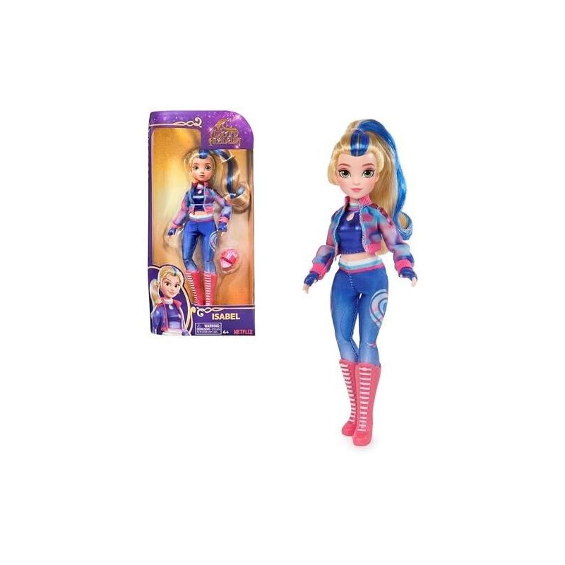 Puppe mit blond-blauen Haaren, blauem Outfit und pinken Stiefeln in passender Verpackung.