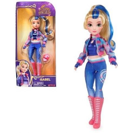 Puppe mit blond-blauen Haaren, blauem Outfit und pinken Stiefeln in passender Verpackung.