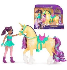Puppe mit lila Haaren im türkisfarbenen Kleid steht neben gelbem Einhornspielzeug mit lila Mähne und Schweif.
