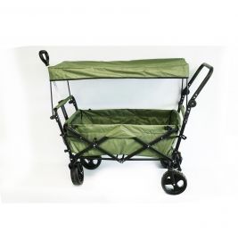 Grüner, faltbarer Transportwagen mit Verdeck, vier Rädern und zwei Griffen vor weißem Hintergrund.