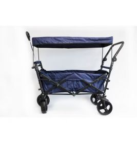 Blauer faltbarer Bollerwagen mit Dach, schwarzem Gestell und vier Rädern vor weißem Hintergrund.