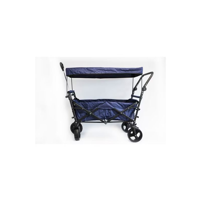 Blauer faltbarer Bollerwagen mit Dach, schwarzem Gestell und vier Rädern vor weißem Hintergrund.
