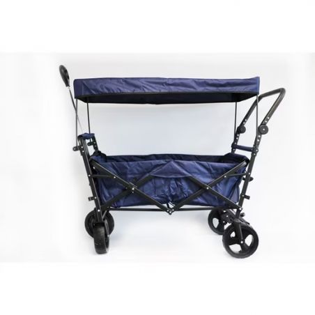 Blauer faltbarer Bollerwagen mit Dach, schwarzem Gestell und vier Rädern vor weißem Hintergrund.