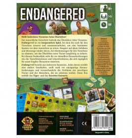 Rückseite der Endangered-Box mit Spielmaterial, Details und Beschreibung auf Deutsch.