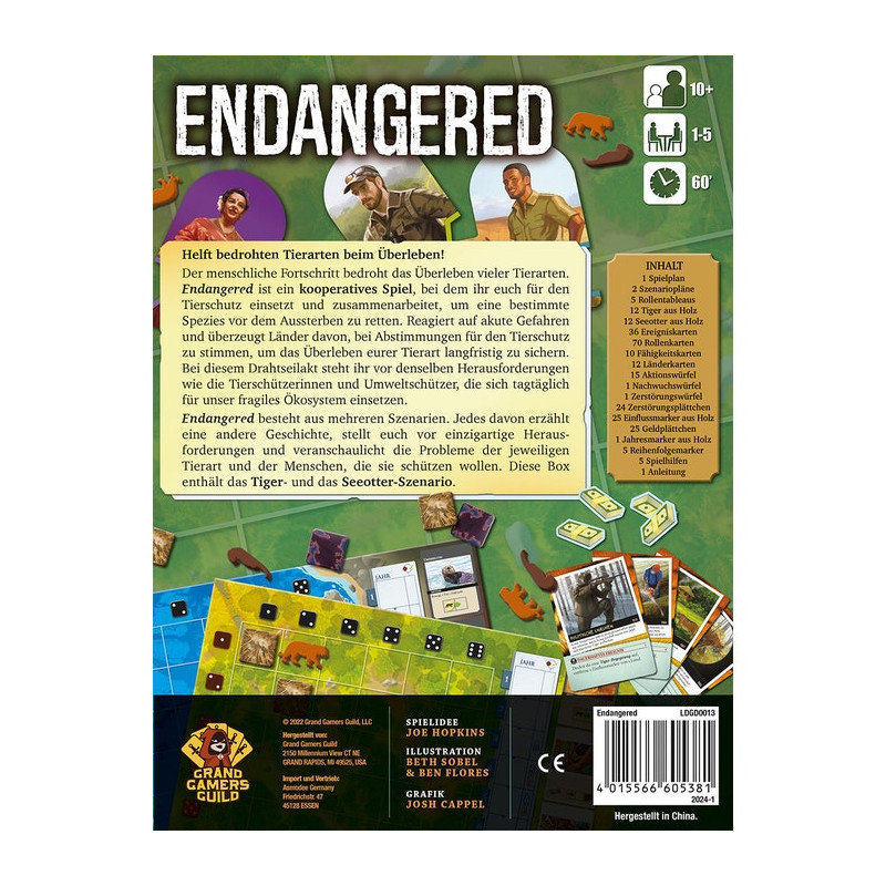Rückseite der Endangered-Box mit Spielmaterial, Details und Beschreibung auf Deutsch. Rückseite der Endangered-Box mit Spielmaterial, Details und Beschreibung auf Deutsch.