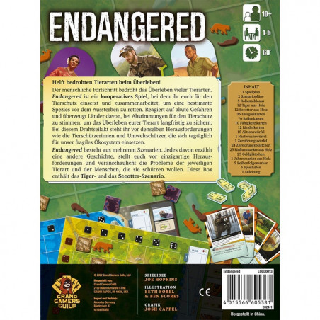 Rückseite der Endangered-Box mit Spielmaterial, Details und Beschreibung auf Deutsch.