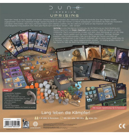Rückseite der Dune: Imperium Uprising-Box mit Spielmaterial, Karten, Spielbrett und deutschem Text.