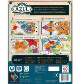 Rückseite der Azul: Der Sommerpavillon Mini Box mit Spielmaterial, Aufbau und bebilderten Anleitungen.