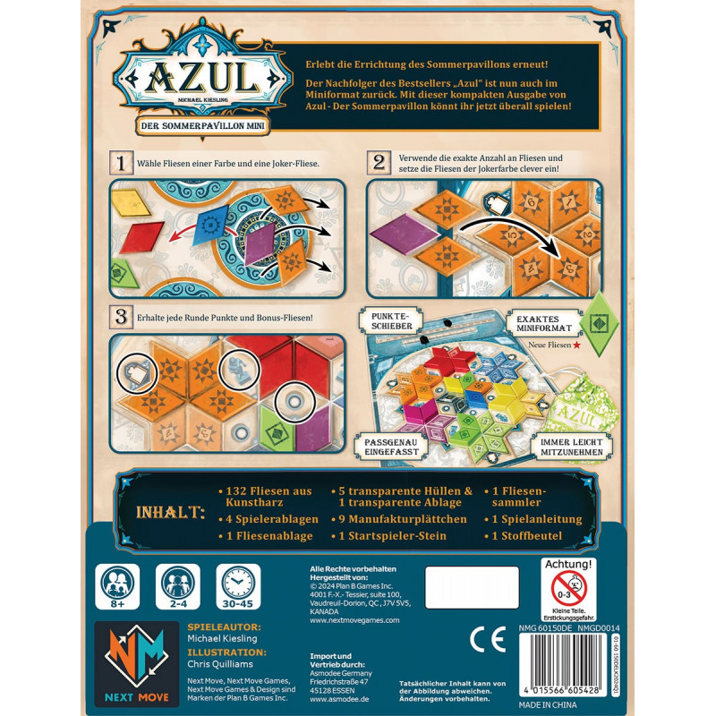Rückseite der Azul: Der Sommerpavillon Mini Box mit Spielmaterial, Aufbau und bebilderten Anleitungen. Rückseite der Azul: Der Sommerpavillon Mini Box mit Spielmaterial, Aufbau und bebilderten Anleitungen.
