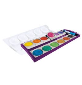 Ein Set bunter Wasserfarben mit Pinsel und abnehmbarer weißer Mischpalette.