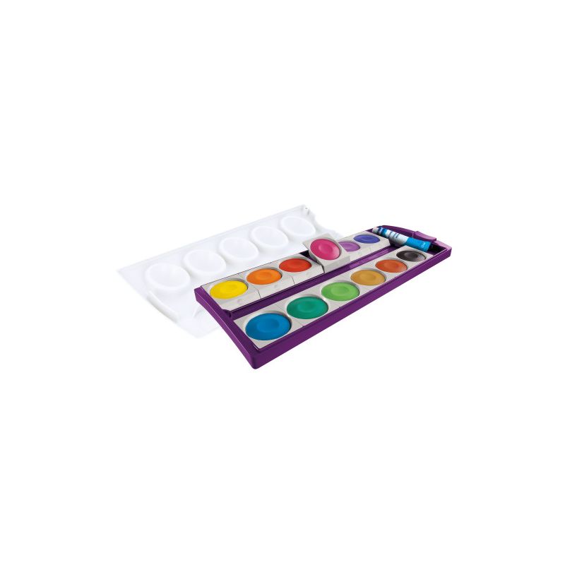 Ein Set bunter Wasserfarben mit Pinsel und abnehmbarer weißer Mischpalette. Ein Set bunter Wasserfarben mit Pinsel und abnehmbarer weißer Mischpalette.