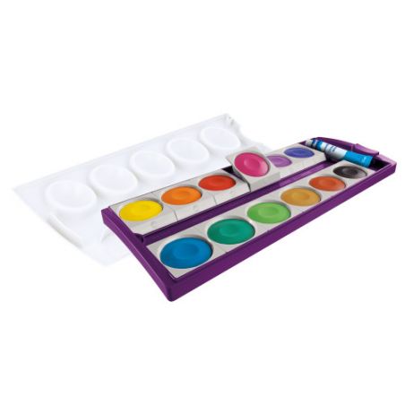 Ein Set bunter Wasserfarben mit Pinsel und abnehmbarer weißer Mischpalette. Ein Set bunter Wasserfarben mit Pinsel und abnehmbarer weißer Mischpalette.