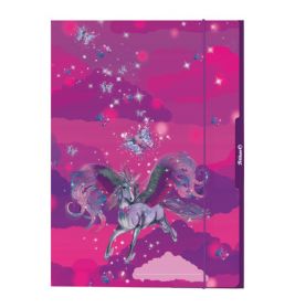 Lila-rosa Notizbuch mit glitzerndem Einhorn und funkelnden Sternen auf wolkenähnlichem Hintergrund.