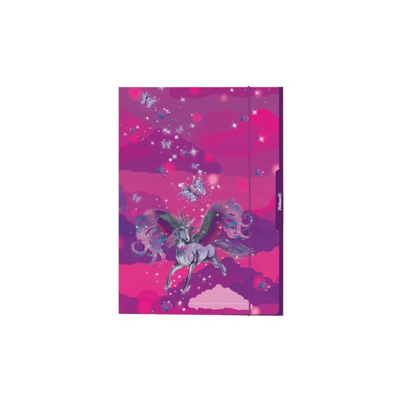 Lila-rosa Notizbuch mit glitzerndem Einhorn und funkelnden Sternen auf wolkenähnlichem Hintergrund.