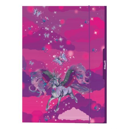 Lila-rosa Notizbuch mit glitzerndem Einhorn und funkelnden Sternen auf wolkenähnlichem Hintergrund.