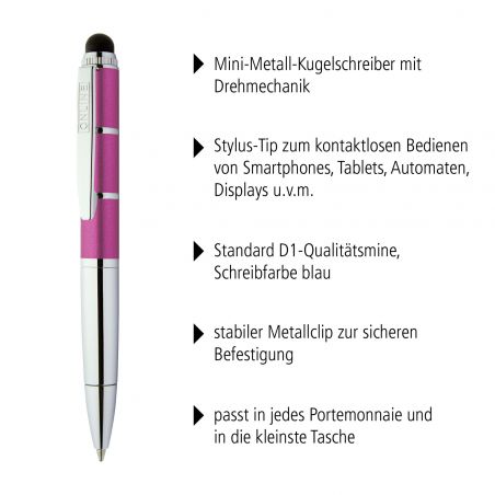Pink-silberner Metall-Stylus, daneben Produktmerkmale auf Deutsch.
