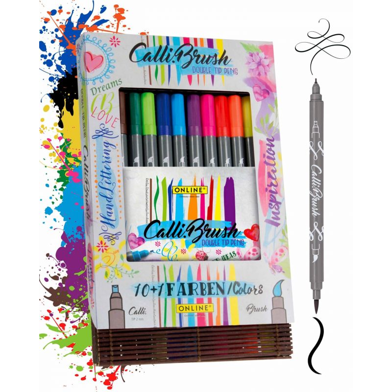 Set aus bunten Kalligraphie-Doppelspitzenstiften in dekorativer Box mit Beispielstift und Tintenstrich. Set aus bunten Kalligraphie-Doppelspitzenstiften in dekorativer Box mit Beispielstift und Tintenstrich.
