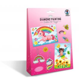 Pinkes Diamond-Painting-Set mit Einhorn-, Regenbogen-, Feen- und Sonnenblumenmotiven auf der Vorderseite.