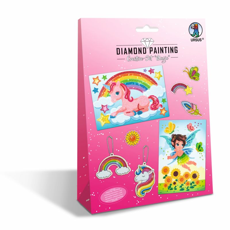 Pinkes Diamond-Painting-Set mit Einhorn-, Regenbogen-, Feen- und Sonnenblumenmotiven auf der Vorderseite. Pinkes Diamond-Painting-Set mit Einhorn-, Regenbogen-, Feen- und Sonnenblumenmotiven auf der Vorderseite.