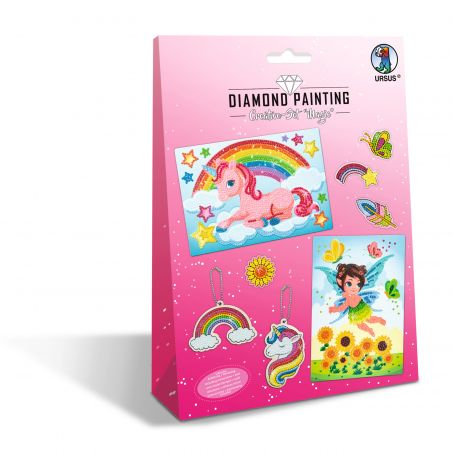 Pinkes Diamond-Painting-Set mit Einhorn-, Regenbogen-, Feen- und Sonnenblumenmotiven auf der Vorderseite. Pinkes Diamond-Painting-Set mit Einhorn-, Regenbogen-, Feen- und Sonnenblumenmotiven auf der Vorderseite.