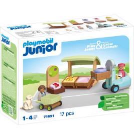 Playmobil Junior Markt-Spielset für 1-4 Jahre mit Figuren, Wagen, Hund und Essensstand.