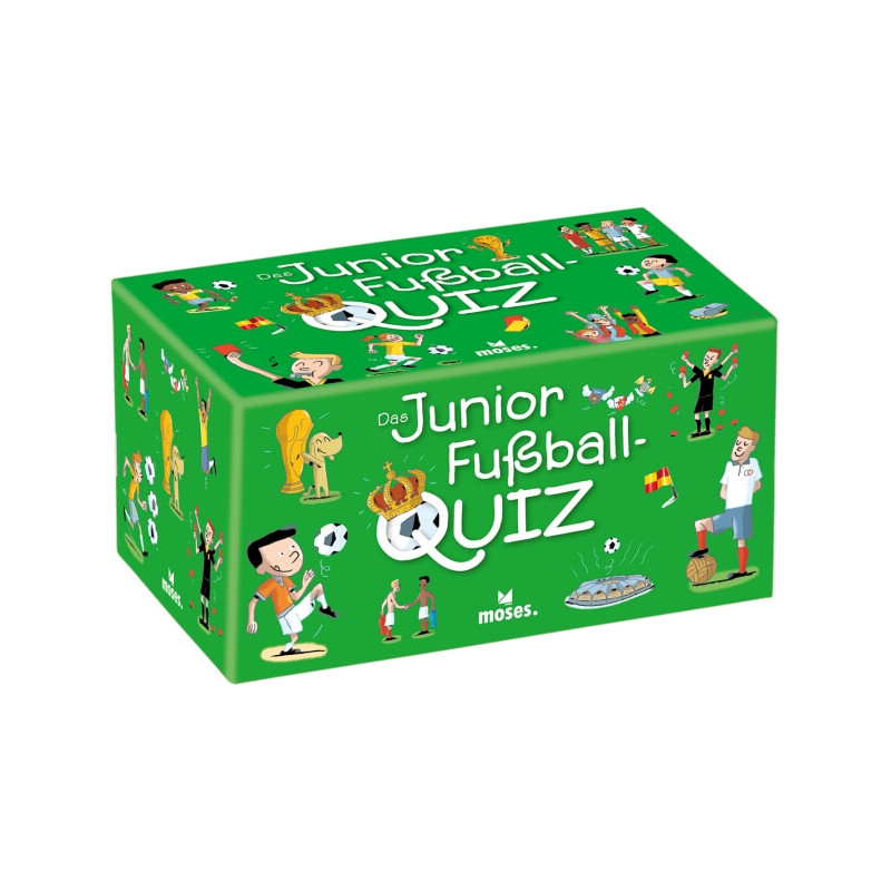 Grüne Box mit Aufschrift Junior Fußball-Quiz, illustriert mit Cartoons und spielerischen Fußballmotiven.