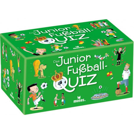 Grüne Box mit Aufschrift Junior Fußball-Quiz, illustriert mit Cartoons und spielerischen Fußballmotiven.