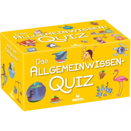 Gelbe Box für Das Allgemeinwissen-Quiz mit Cartoon-Tieren und verschiedenen Objekten als Illustrationen.