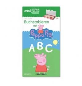 ABC-Lernkarten mit Peppa-Wutz-Motiv, grünem Hintergrund und Peppa als Cartoon auf dem Cover.